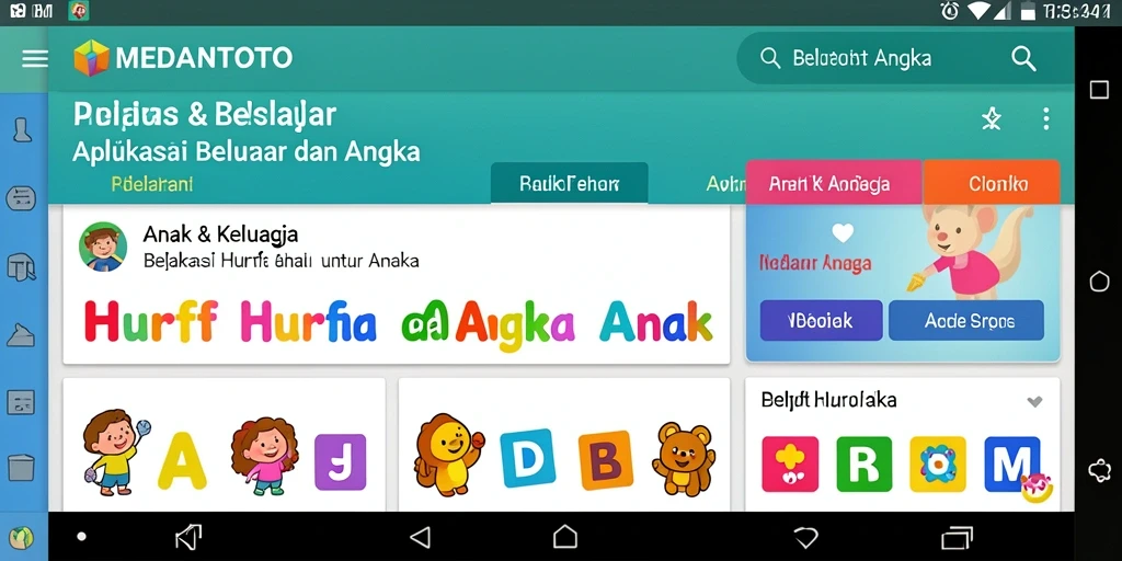 Antarmuka aplikasi MEDANTOTO yang ramah anak saat belajar huruf dan angka.