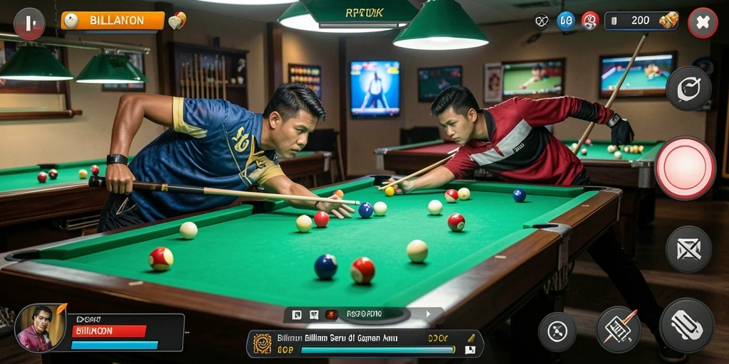 Tampilan antarmuka RPOK dengan gameplay billiard yang intuitif.